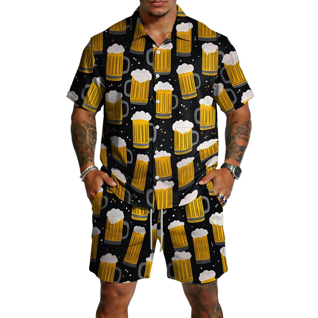 Men's Casual Short Sleeve Shirt and Shorts Set Beer Festival Print Lightweight Breathable Summer Outfit for Outdoor Activities