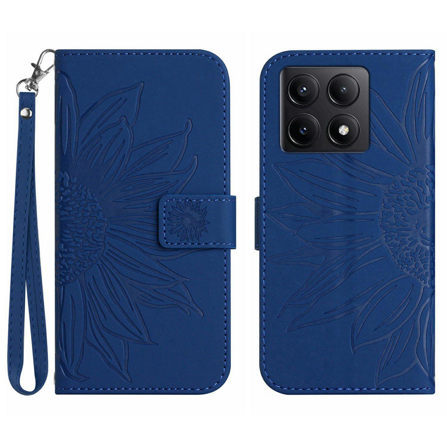 

HT04 For Xiaomi 14T Case Sunflower Imprint Leather Wallet Phone Cover with Wrist Strap Sapphire