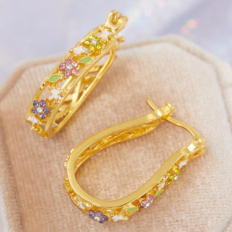 Huajie Three Colors Women's Colorful Zircon Floral Shape Hollow Design Hoop Earrings Delicate Elegant Female Ear  Tide