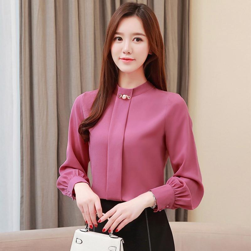 Spring Women Chiffon Blouse Shirt Elegant Beading Office Blouse Plus Size Casual Solid Stand Long Sleeve Tops