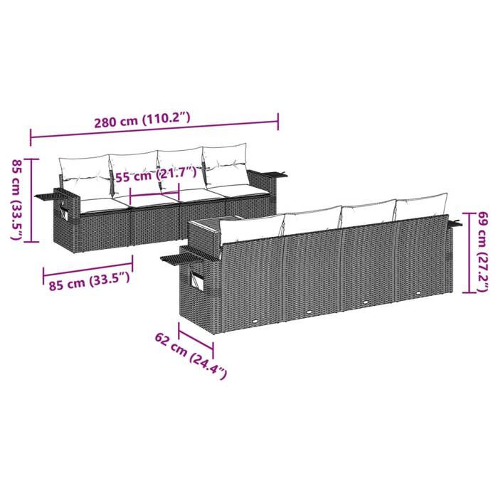 VidaXL Salon de Jardin avec Coussins 9 pcs, Canapés de Terrasse, Ensemble de Meubles de Patio, Mobilier d'Extérieur, Noir 3224480