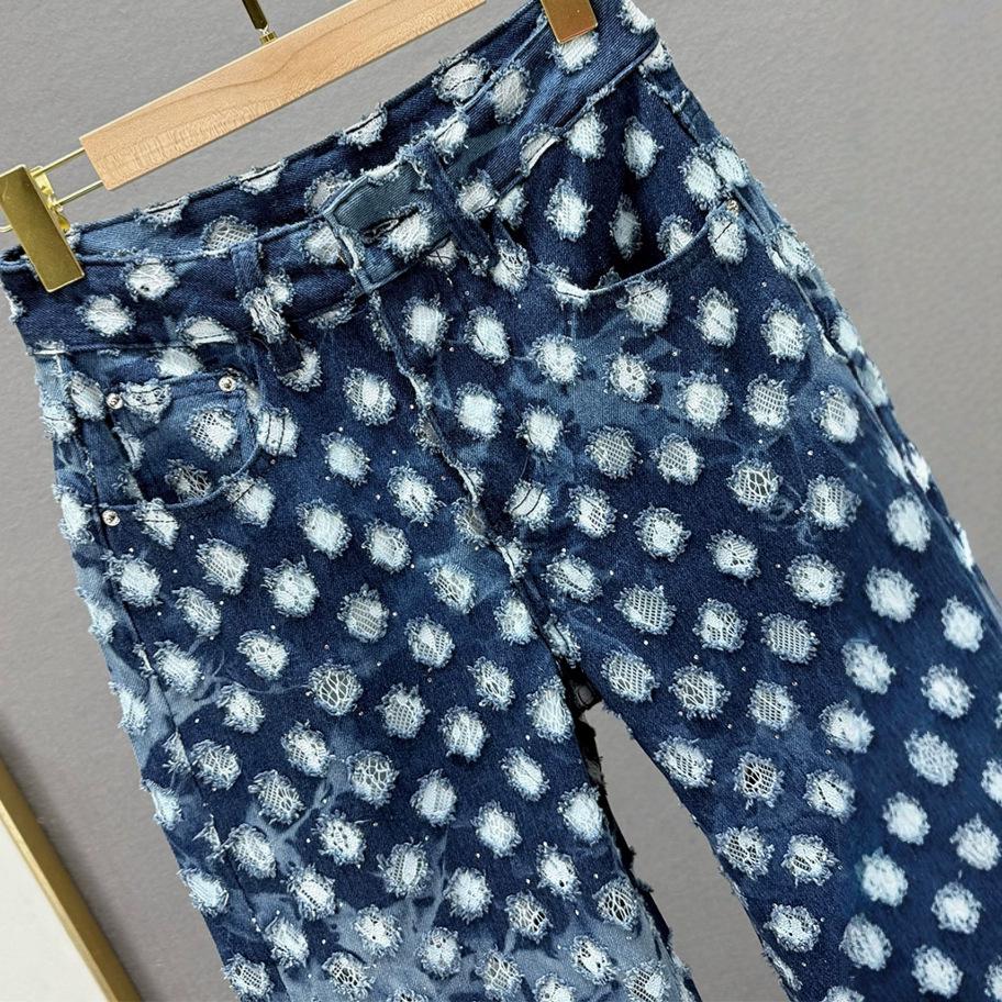 European station spring new jacquard hot diamond denim wide-leg pants women's high waist loose and thin extended floor pants