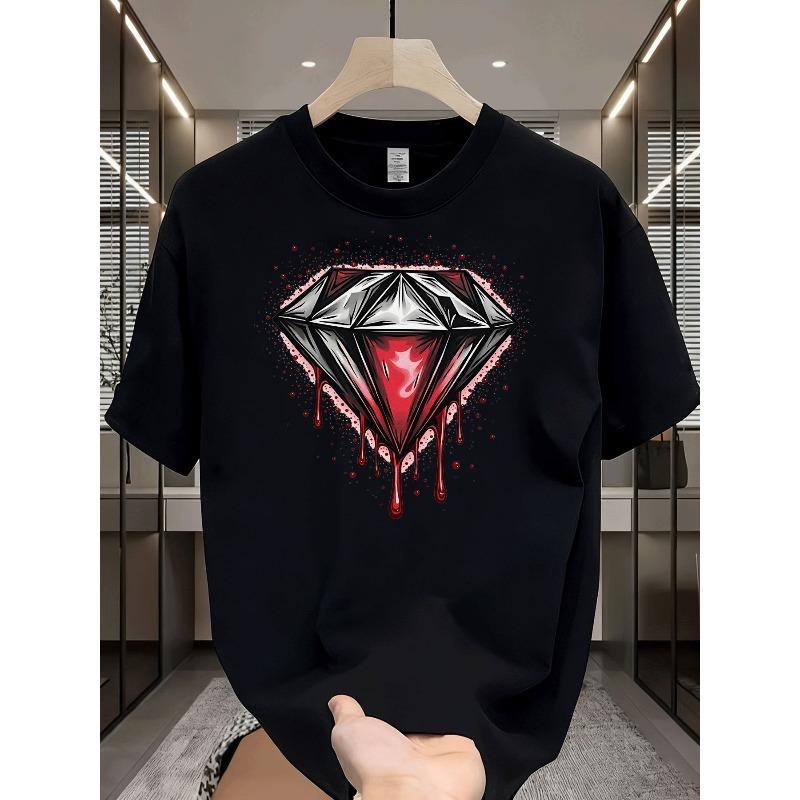 Fashionable Crewneck Men s Fashion Street Style Trendy Graphic T-Shirt with Dripping Red Center Diamond Pattern Adult Men Holiday Gift S чёрный