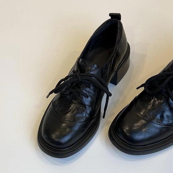 Soft leather version~ British retro soft leather round head lace-up loafers commuting thick heel small leather shoes women's single shoes