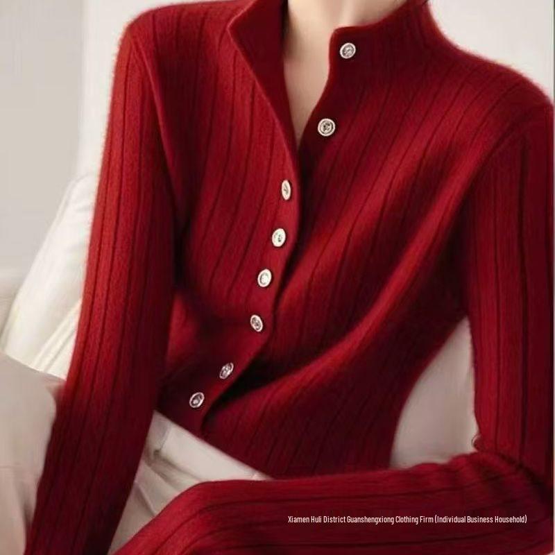 Women's Slim-Fit Knitted Cardigan Coat - Half-High Neck, Perfect for Spring & Autumn