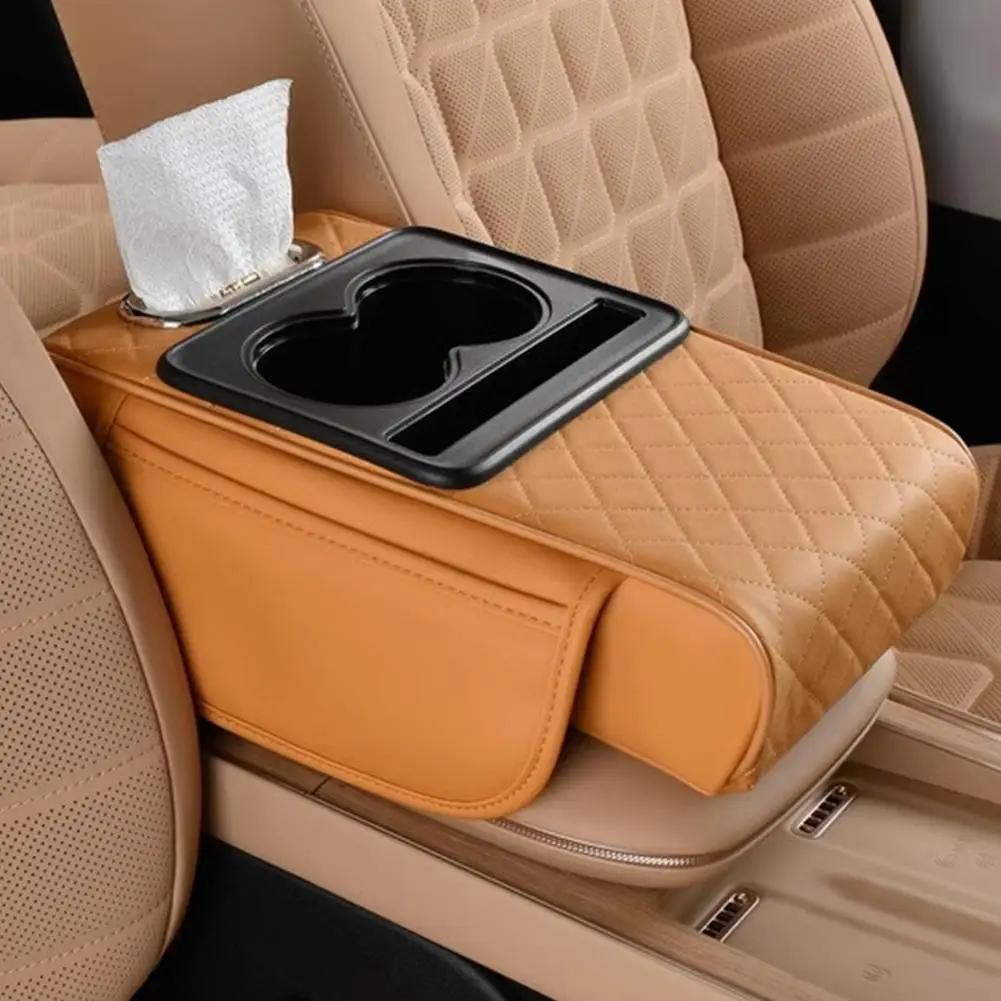 Car Center Console Organizer Nappa Leather Armrest With Interior Cup Holders & Accessories Tissue Vehicle Dual Storage Box Q6Y6