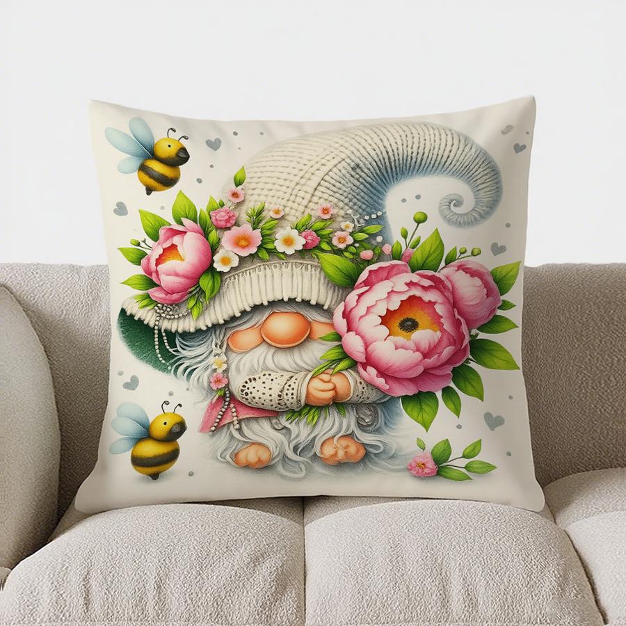 Home Decor Gnomes &amp; Flowers Swing With Heart Decor Pillow Pattern Cushion Cover Suitable For Sofa Bedroom Car Pillow Cover