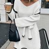 Women Slouchy Fashion Tie Waist Dress Loose Knit V-neck Long Sleeve Fall Mid-length Comfortable Breathable Dresses White Dress