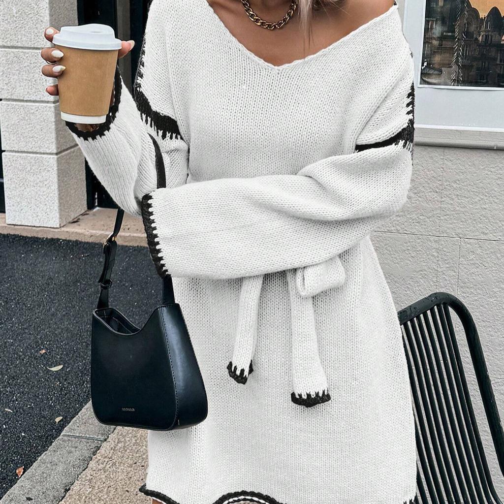 Women Slouchy Fashion Tie Waist Dress Loose Knit V-neck Long Sleeve Fall Mid-length Comfortable Breathable Dresses White Dress