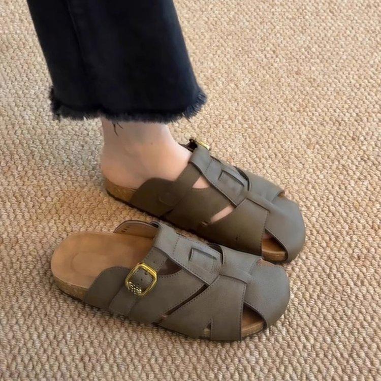 

Версия из мягкой кожи~ Полые ретро туфли Бокен на одной педали для женской универсальной повседневной супермягкой обуви с круглым носком и полуоткрытой пяткой для ношения на улице 40 зеленые хаки