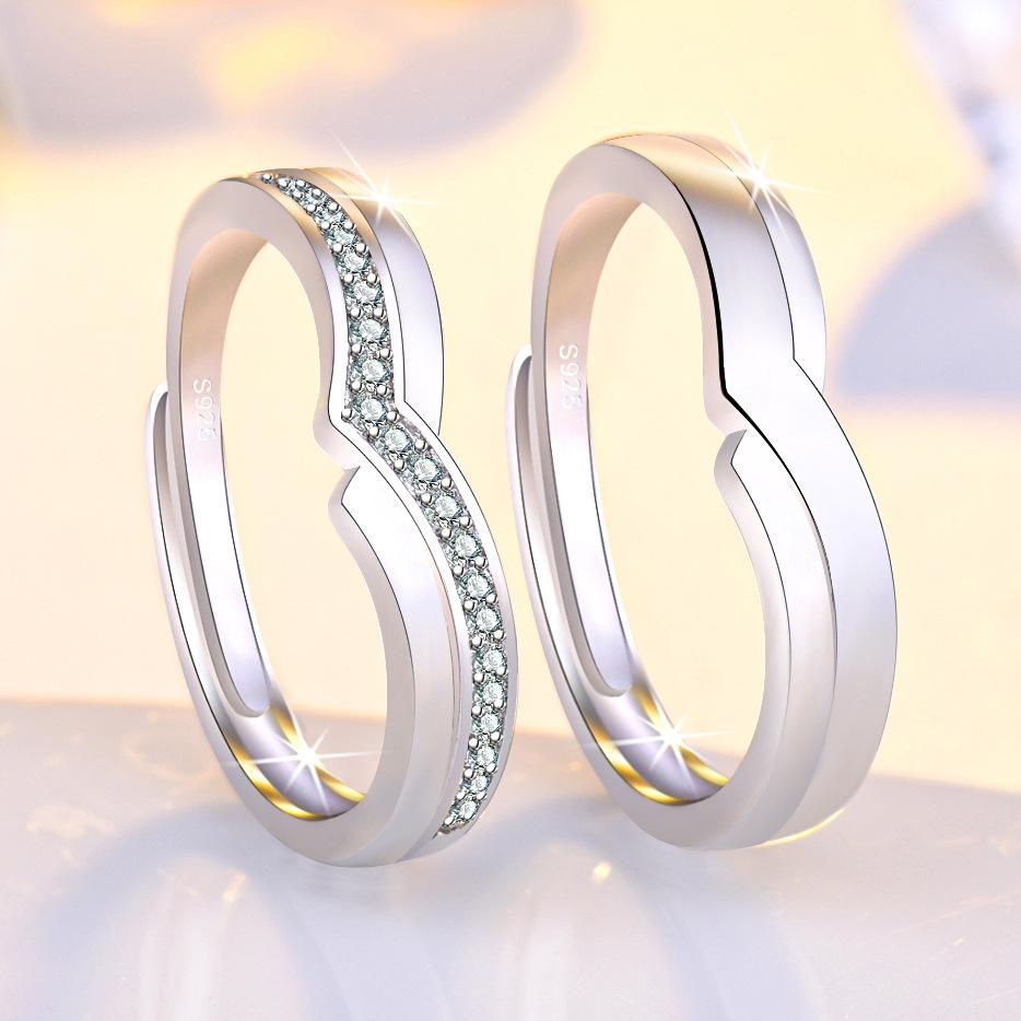 2PCS 925 Sterling Silver Ring Adjustable Open Couple Engagement Rings for Women Men Wedding Ring Party Fashion Jewelry Gift