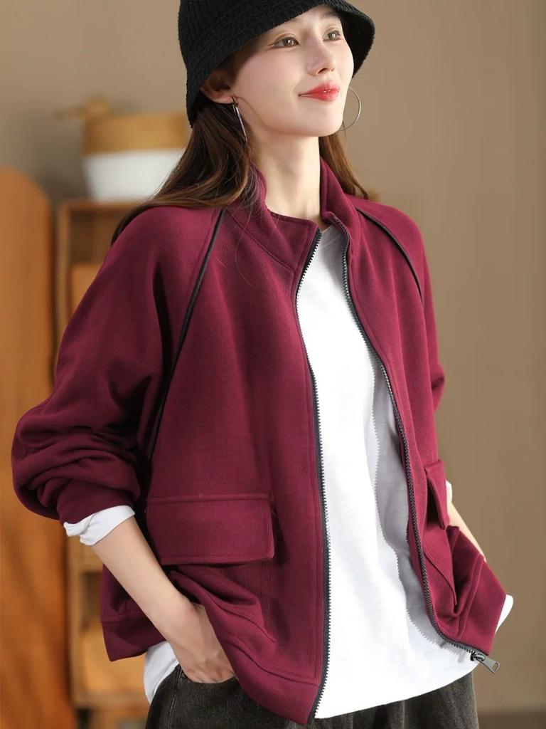 Johnature Fashion Zipper Long Sleeves Casual Loose Personality Coat Woman Autumn Niche Turn Down Collar Vintage Coat