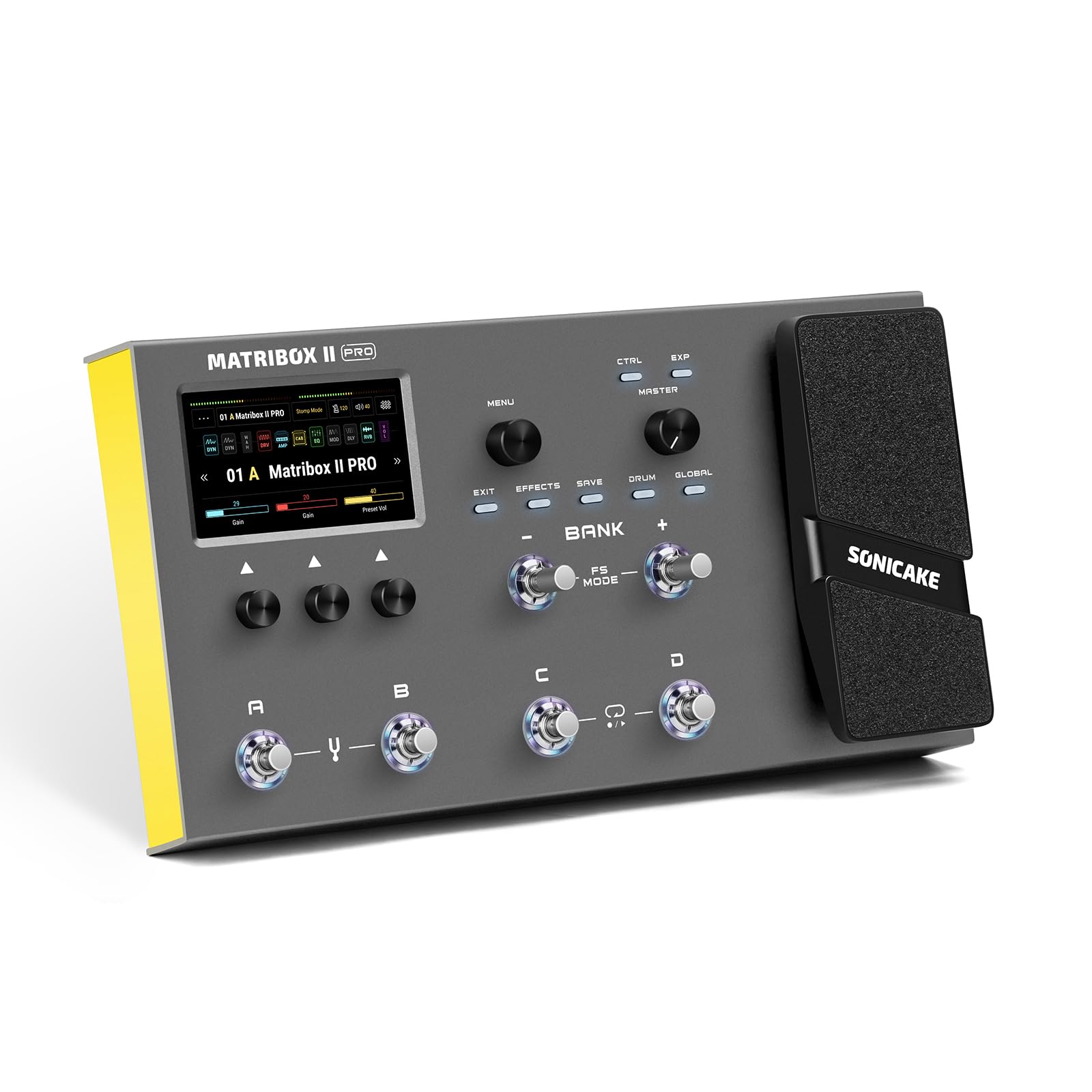 

SONICAKE Matribox II Pro Педаль з понад 240 підсилювачами IR Cabinet FX MIDI Stereo OTG USB Audio Кольоровий сенсорний екран Мульти-ефекти Виразність, Вбудовані ефекти,
