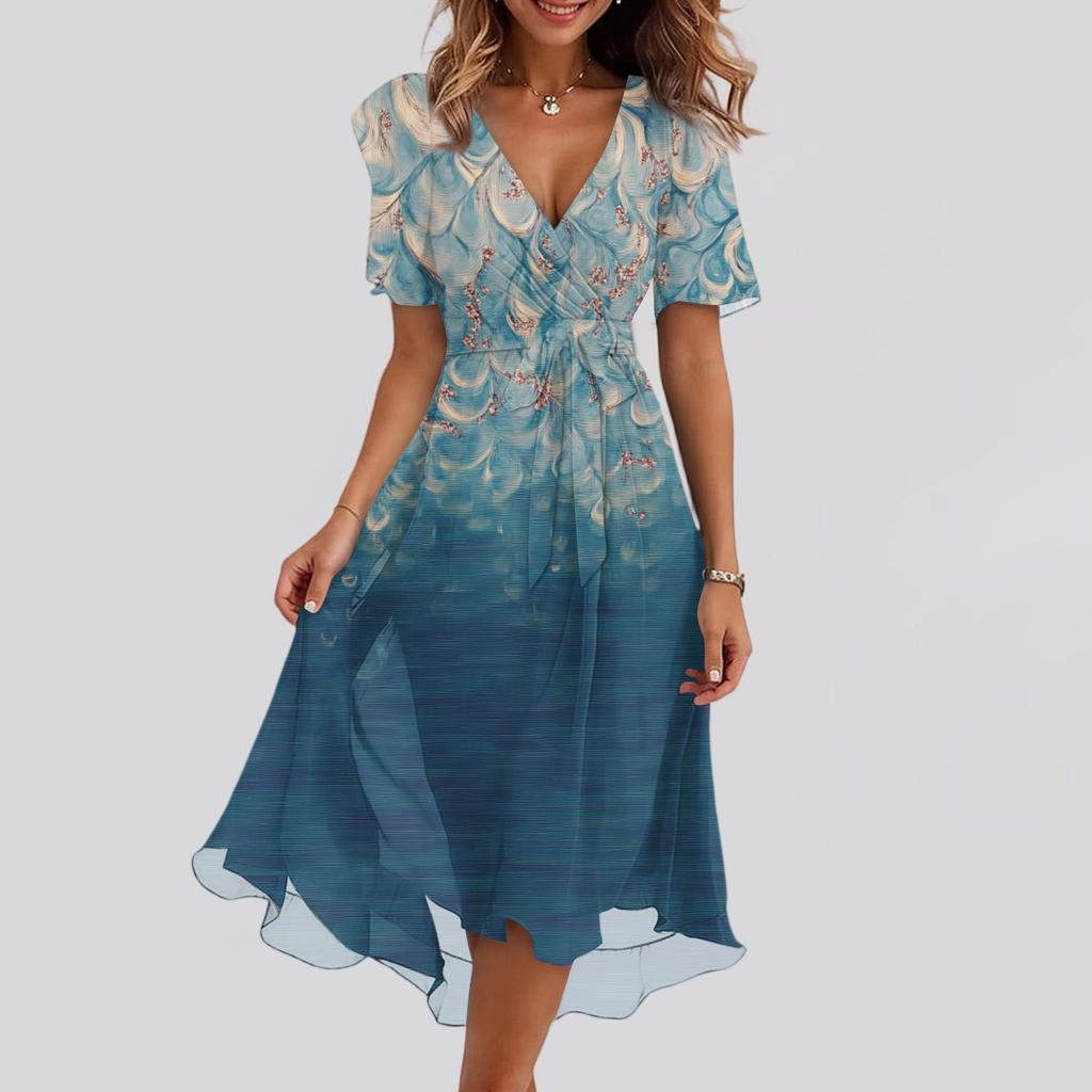 Damenmode Lässig V-Ausschnitt Kurzarm Rüschen Vintage Bedruckte Kleider