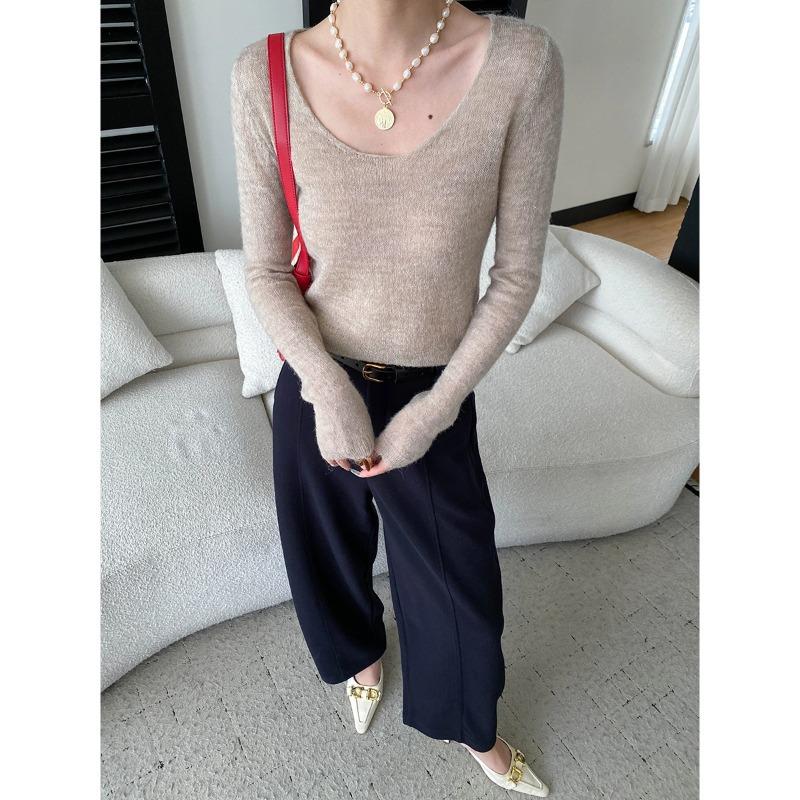 U Neck Slim Fit Long Sleeve Knit Sweater Basic Top