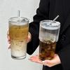 2Pcs Iced Coffee Glass with Lid And Straw, 600ml Capacity Ribbed Tumbler, Reusable Cold Drink Cup for Home Travel, Fits Car Cup Holder