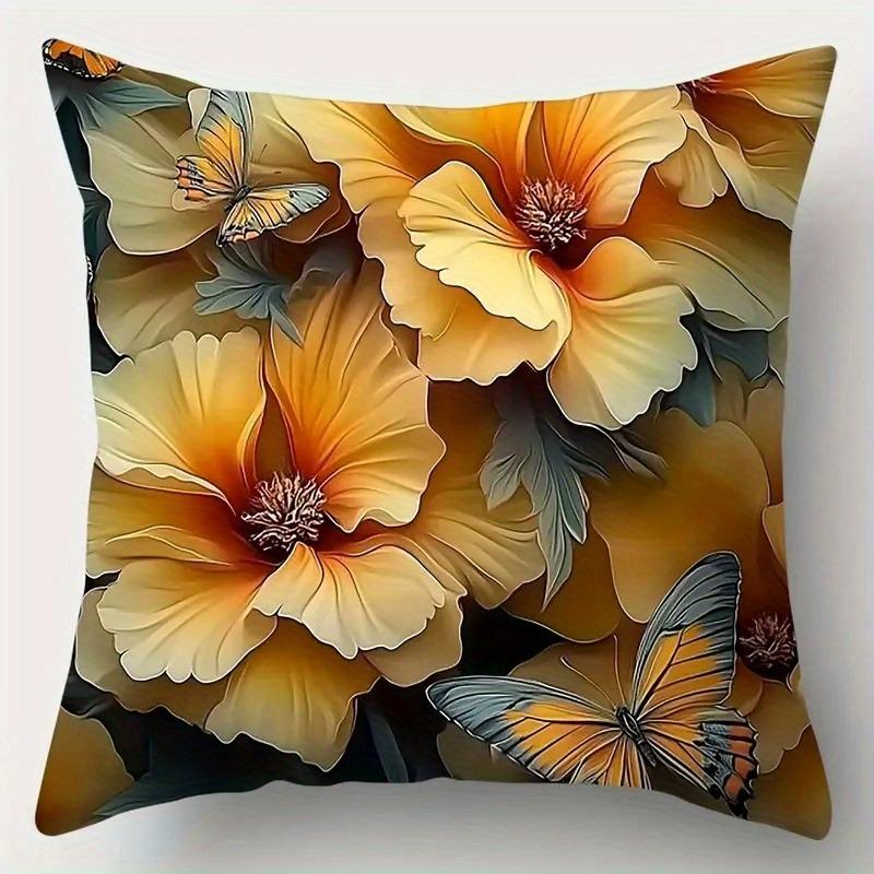 Golden Floral & Butterfly Pillowcase: 2D-Style Bloom Pattern Cushion Cover For Warm Home Sofa Decor
