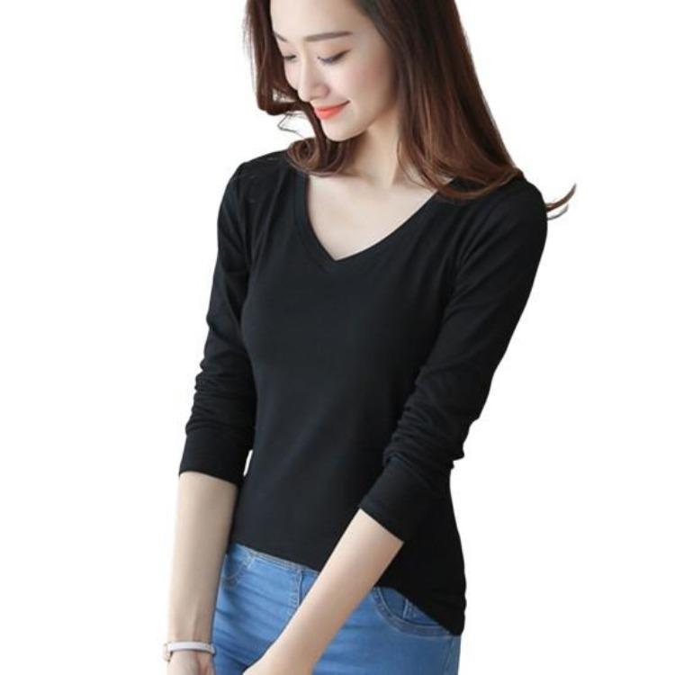 

Womens Long Sleeve Stretch T Shirt Slim Fit Crew Neck V Neck Pullover Solid Color Basic Tee Warm Autumn Tops Daily Clothing 3XL чорний