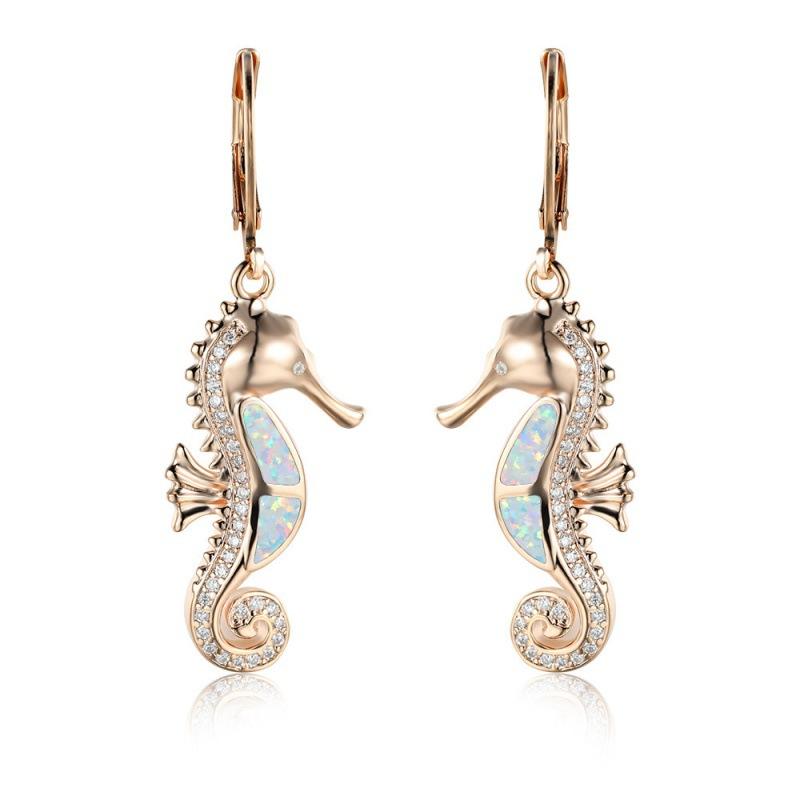 Wunsch Heißer Meereswind Serie Roségold Weißgold Blau-Weißer Opal Mikrofassung Weißer Diamant Seepferdchen Vielseitige Ohrringe