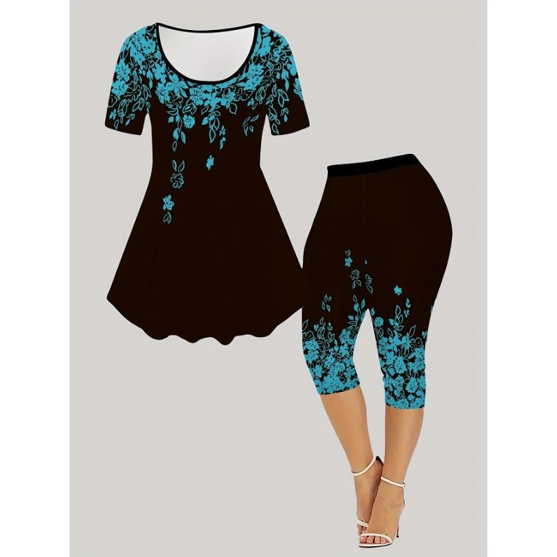 Ladies fallen leaf print fashionable short-sleeved cropped pants suit 2XL