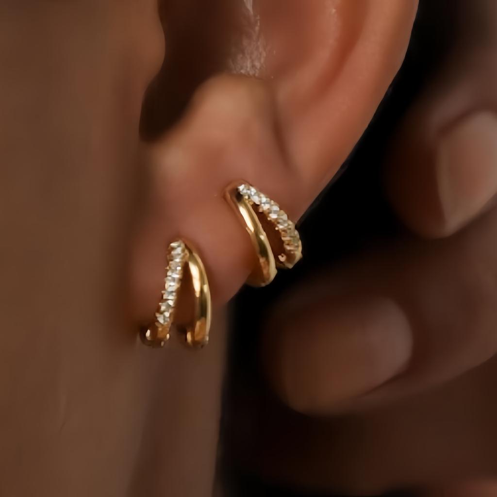 3pcs Fashion 14K Gold Plated Round Earrings for Women Simple Crystal Zircon Double Ring Punk Earring Cartilage Piercing Zircon
