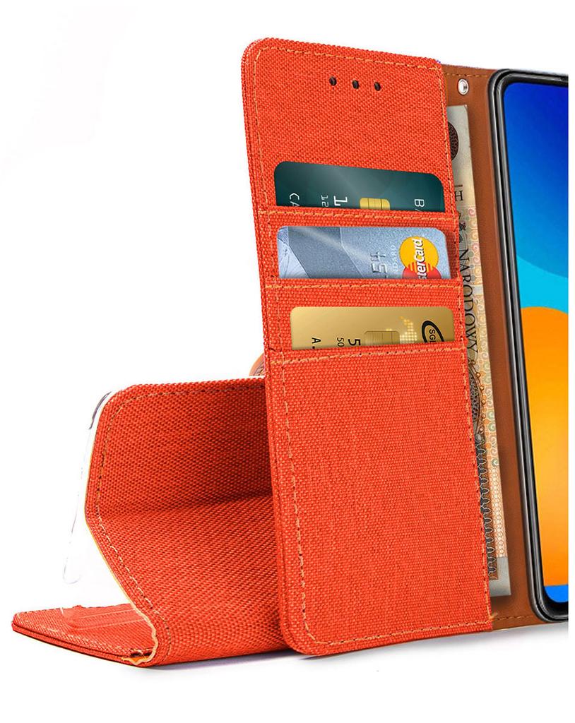 Etui Typu Portfel Do Oppo Reno 14 5G - Pomarańczowy  Pokrowiec Canvas + Szkło