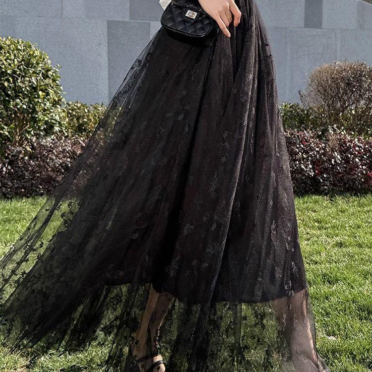 Fustă Midi A-Line din Tul cu Talie Înaltă pentru Femei, Primăvară/Vară - Croială Slim-Fit cu Broderie Fluturi, Imprimeu Floral și Estetică Dulce de Zână