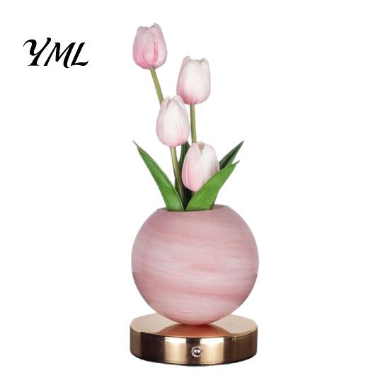 Modern Bedroom Lighting Tulip Ceramic Night Light, Gradient Color Artificial Flower Table Lamp, Rechargeable Eye Caring Reading Light Touch