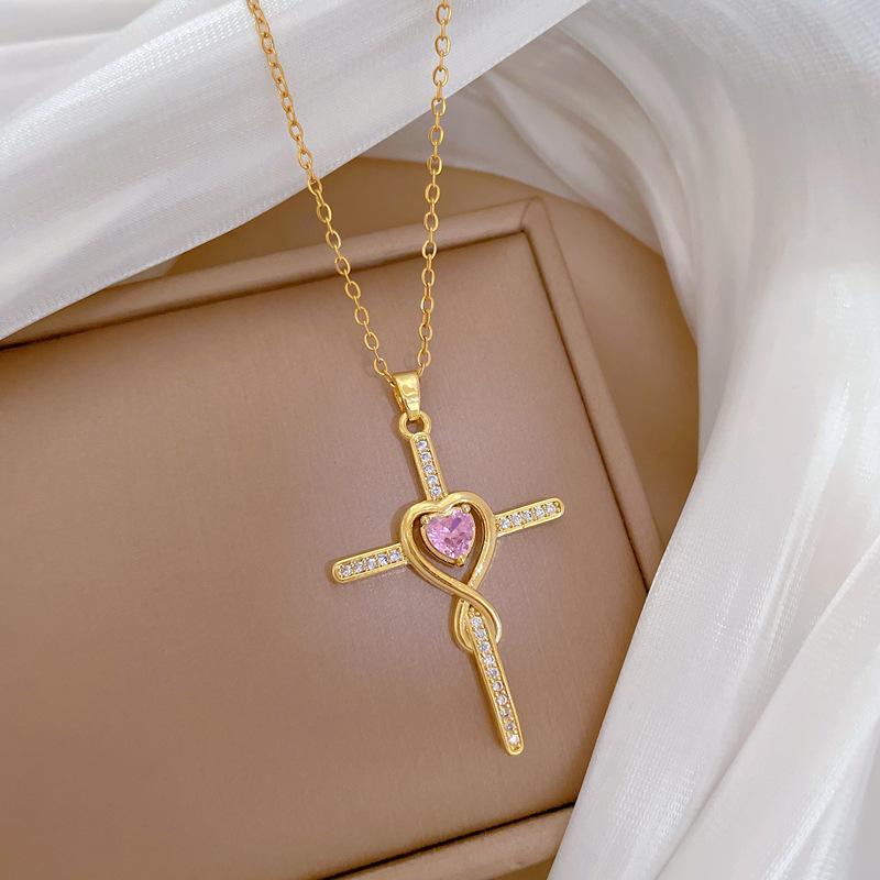 Cross Full Diamond Light Luxury Temperament Gorgeous Full Diamond Necklace Women'S Versatile Collarbone Chain Titanium Steel Chain