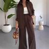 Women's Solid Color Loose Long Sleeve Shirt Elastic Waist Wide Leg Pants Casual Two Piece Outfit Set