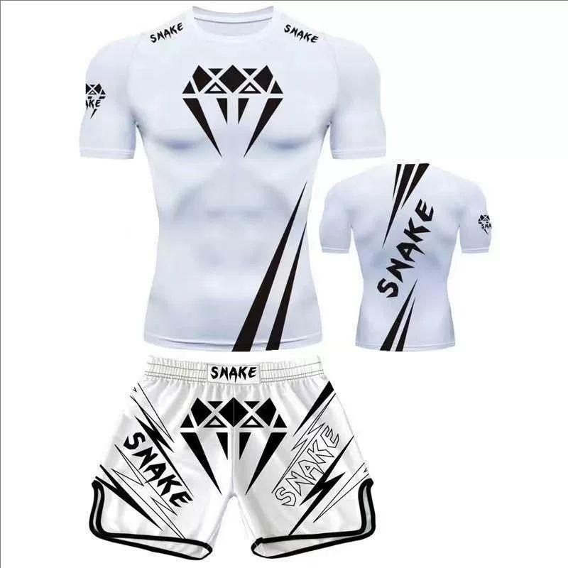 MMA Training Set Mens Short Sleeve Shorts Sanda Boxing Muay Thai Combat Sports Gym Workout