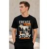 Men's Black Short-sleeve Crew Neck T-shirt with 'create Your Story' Graphic Print, Soft Cotton Feel, Casual Fit for Everyday Wear and Personal