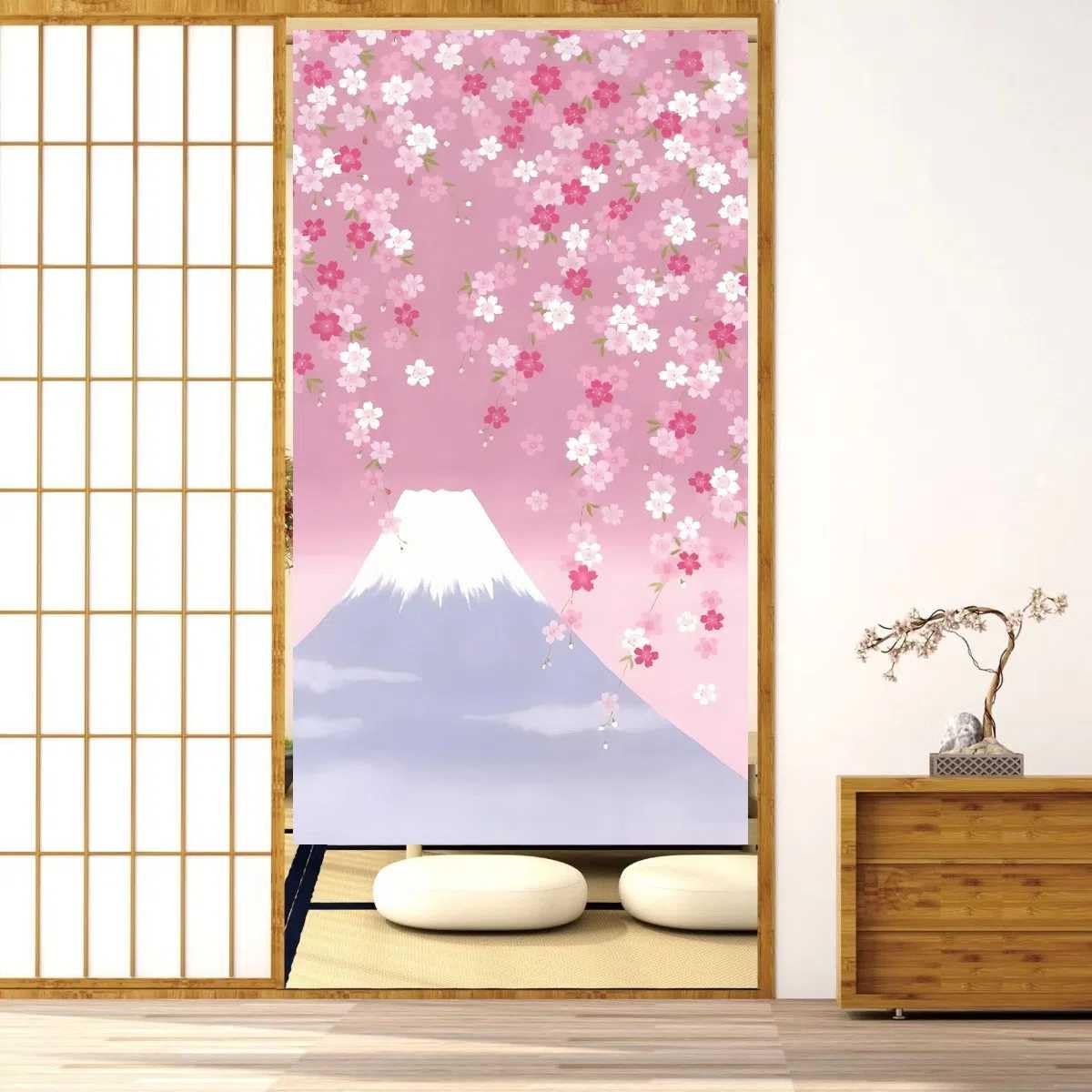 

SAWABIYA Норэн Японский Современный Разделитель Комнаты со Стильным Розовым Цветением Сакуры и Фудзи Шириной 85 см x 150 см Идеально для Гостиной, Гардеробной и Других