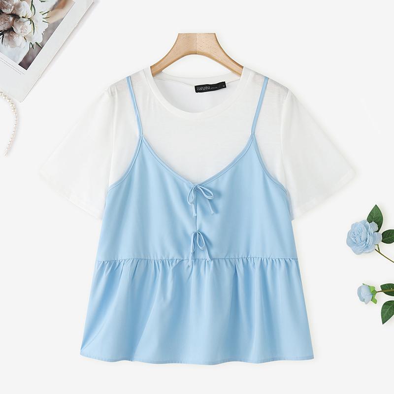 

ZANZEA Women Summer Round Neck Patchwork Casual Short Sleeve T-Shirts S світло-синій колір