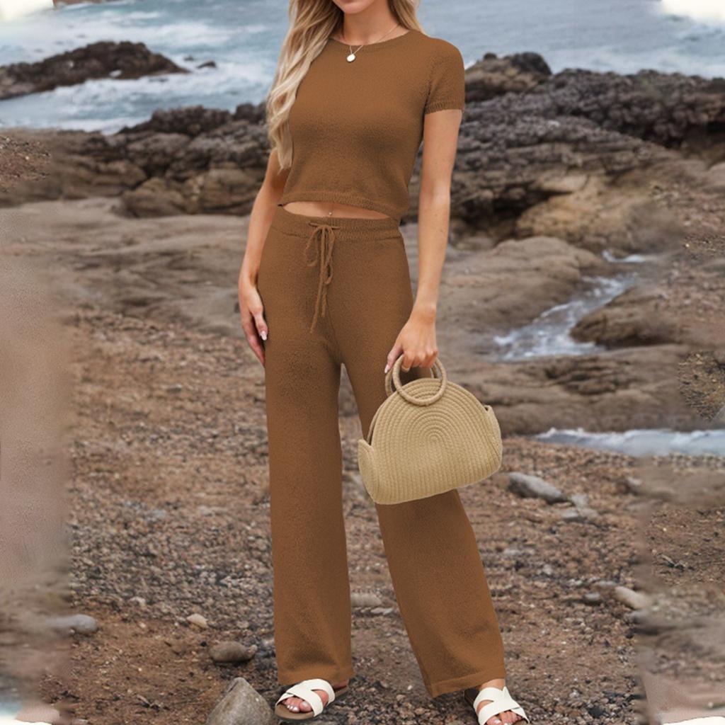 Women's Fashion Vacation Beach Round Neck Casual Loose Short Sleeve Pants Suit