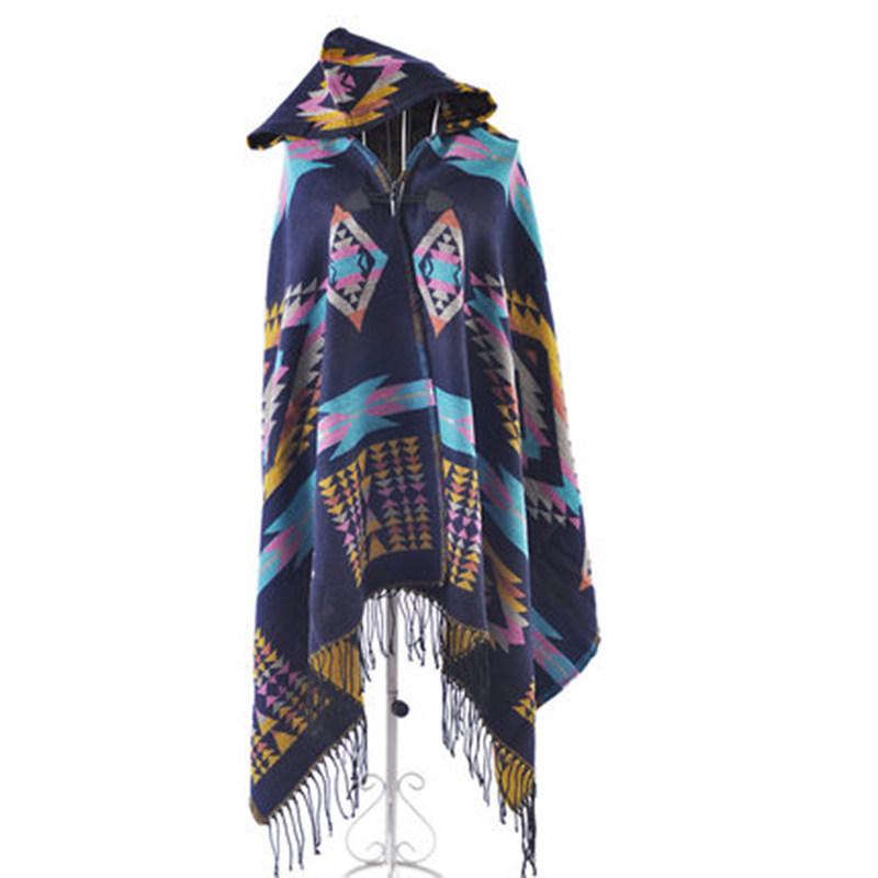 Bohemian Ethnic Toggle Hooded Cape Shawl - Thick Warm Imitation Cashmere for Women