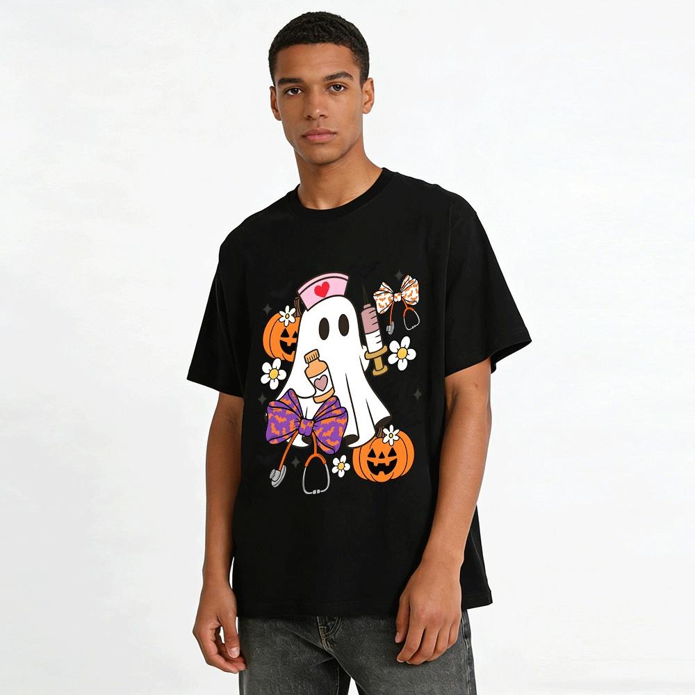 Halloween Nurse Ghost Print Casual Top For Medical Workers Pure cotton T-shirt