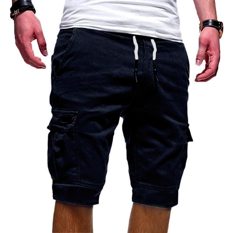 Herren Shorts Casual Einfarbig Elastische Taille Kordelzug Multi Pocket Design Outdoor Mittelhose Gerade Hose