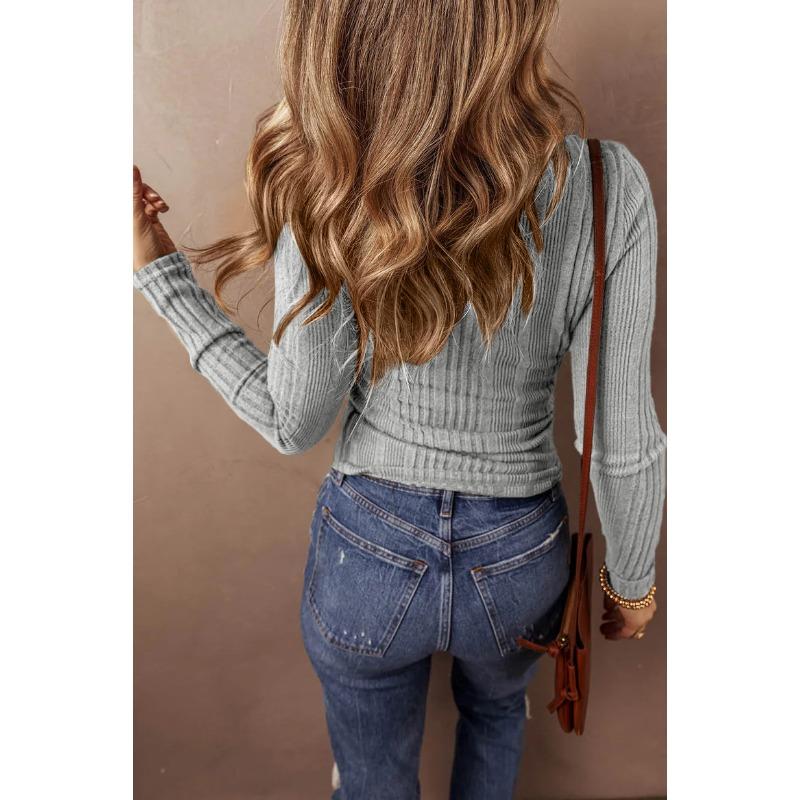 Autumn Winter Round Neck Tshirts Women's Button Style Solid Color Long Sleeved T-shirt Top