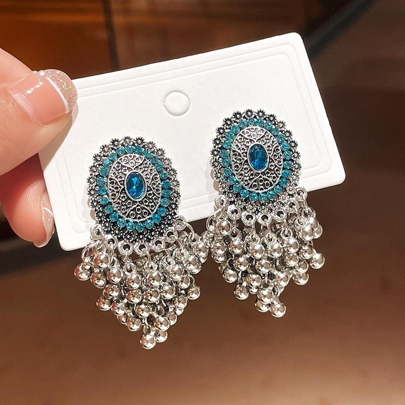Silver Needle Retro Rhinestone Water Drop Tassel Earrings – Ethnic, New Chinese Style, Unique, Creative Heavy Industry Design