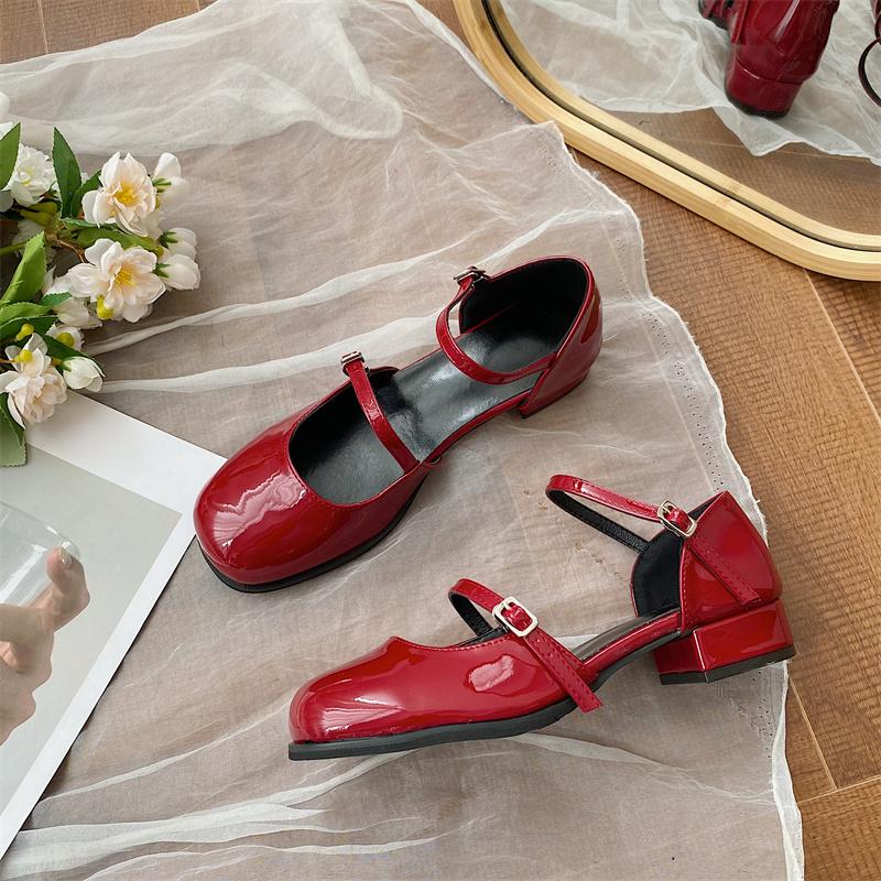 New Mary Jane Shoes Buckle High Heels Women's Thick Heel Elegant Shallow Mouth Square Toe Shoes Office Women's Leather Shoes