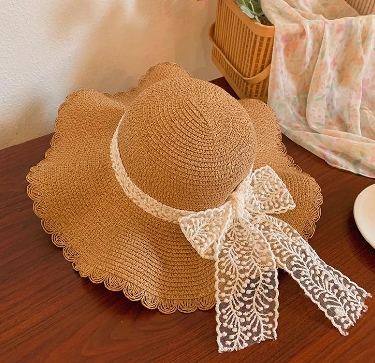 Lace Bow Straw Hat Women's Summer French Large Brim Sunscreen Hat Seaside Beach Vacation Sun Hat