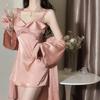 Spring And Summer Ice Silk Nightgown Set, Sexy Lace Suspender Nightdress Bathrobe With Chest Pad Pajamas, Fun Loungewear
