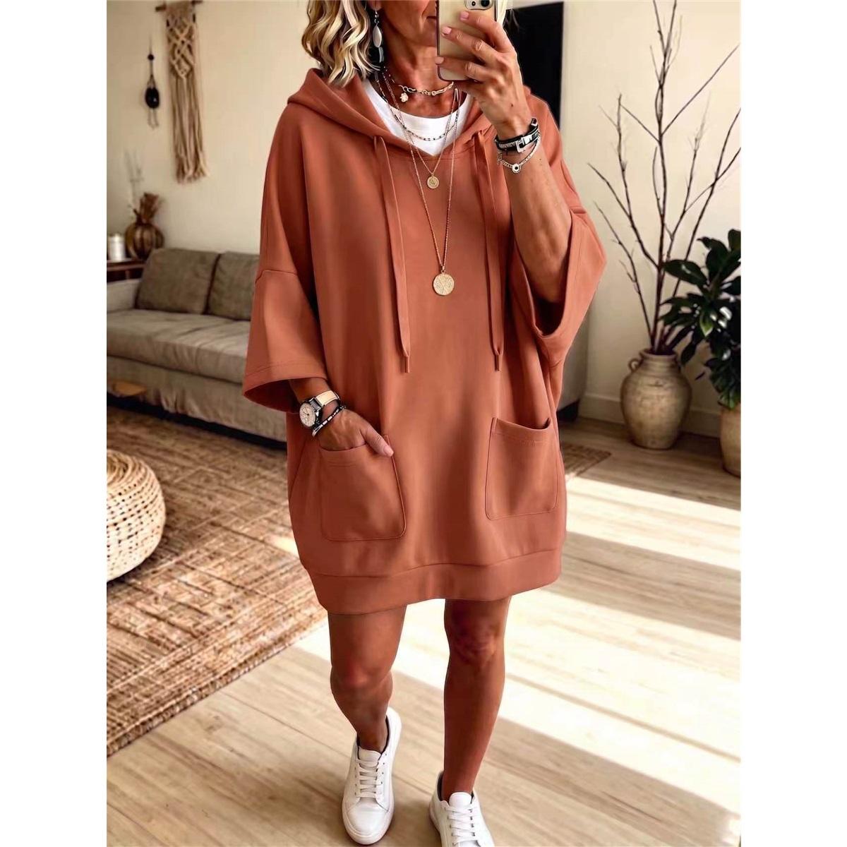 Dames Oversized Hoodie Jurk 3/4 Mouw Zakken Los Casual Hoodie Mini Jurk Dames Dagelijkse Tuniek XXXL baksteenrode kleur