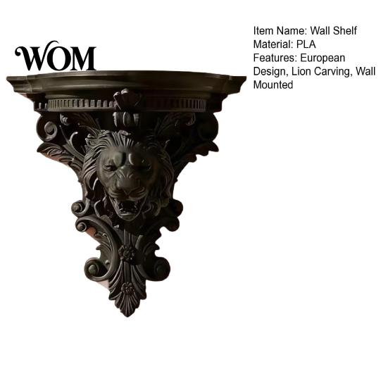 French Style Wall Shelf Shelf, Matte Black Texture Decorative Stand, Retro Lion Embossed Mounted Thickened One-Piece Structure Display Rack