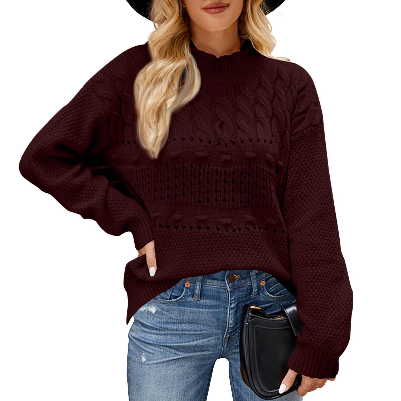 

Женский повседневный ленивый однотонный модный свитер с длинными рукавами и круглым вырезом M винный