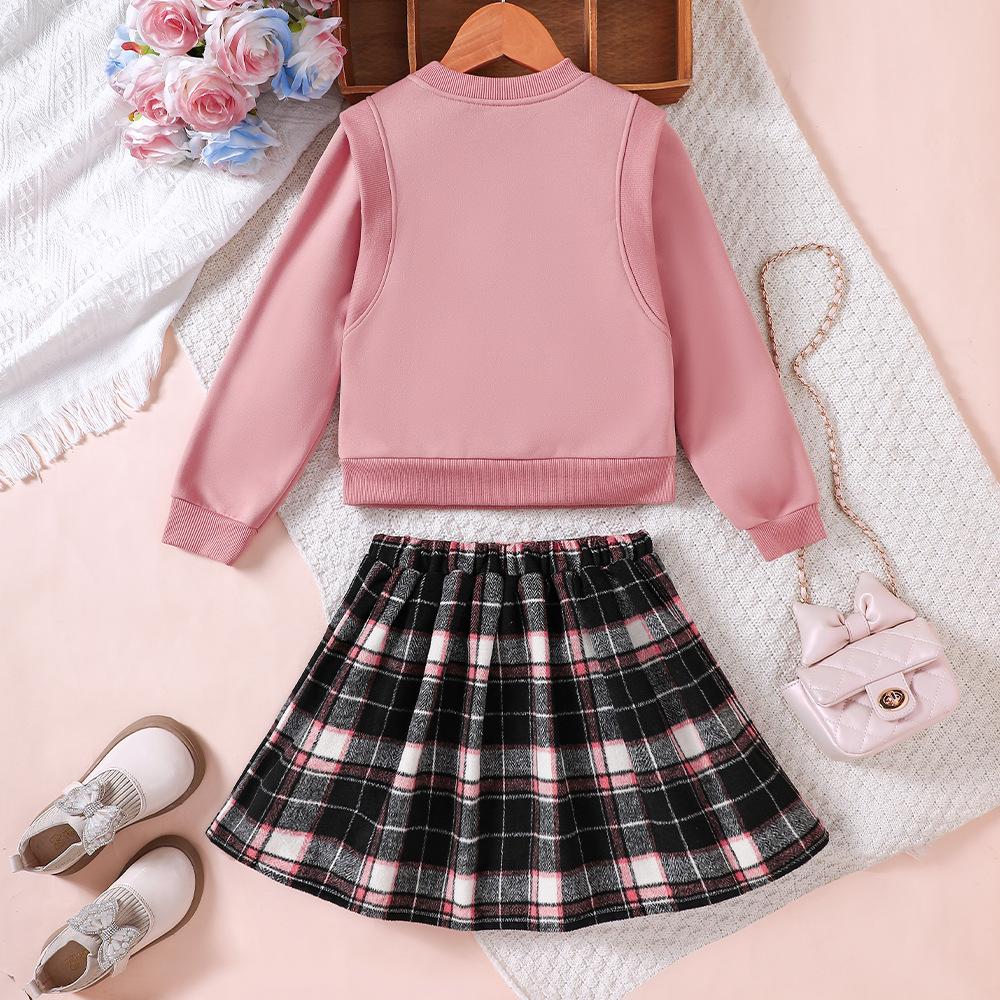 New Girls Autumn and Winter Fake Two-piece Sweatshirt Plaid Skirt Suit