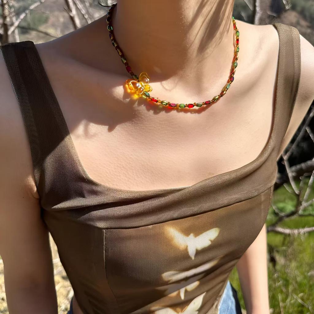 Hawaiian Style Colorful Plant Flower Czech Bead Pendant Acrylic Summer Collarbone Chain Women's Party Gift