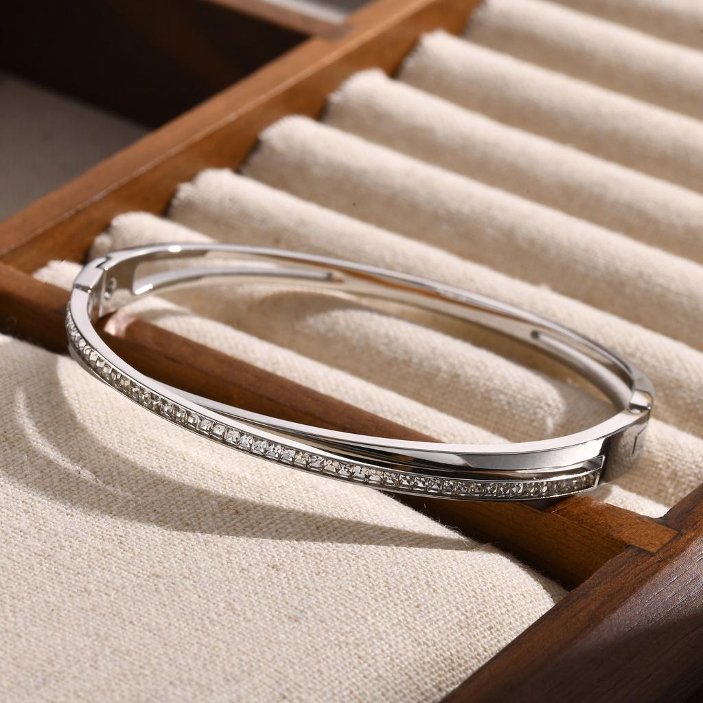 Trendy Crossed Cubic Zirconia Stones Bangles Women Girls Stainless Steel Layered Cuff Hand Bracelets Jewellery Accessories
