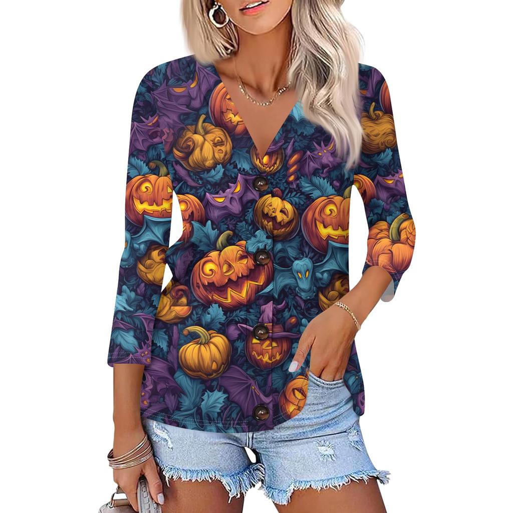 Women's Fashion Casual Print Button-down Shirt 3/4 Long Sleeve Tops